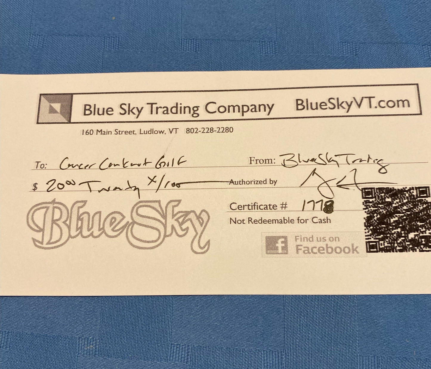 (#29) Blue Sky Gift Certificate - $20