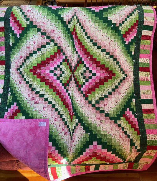 (#31) Hand Made Quilt 48"x 60" - Pink & Green Diamond Weave