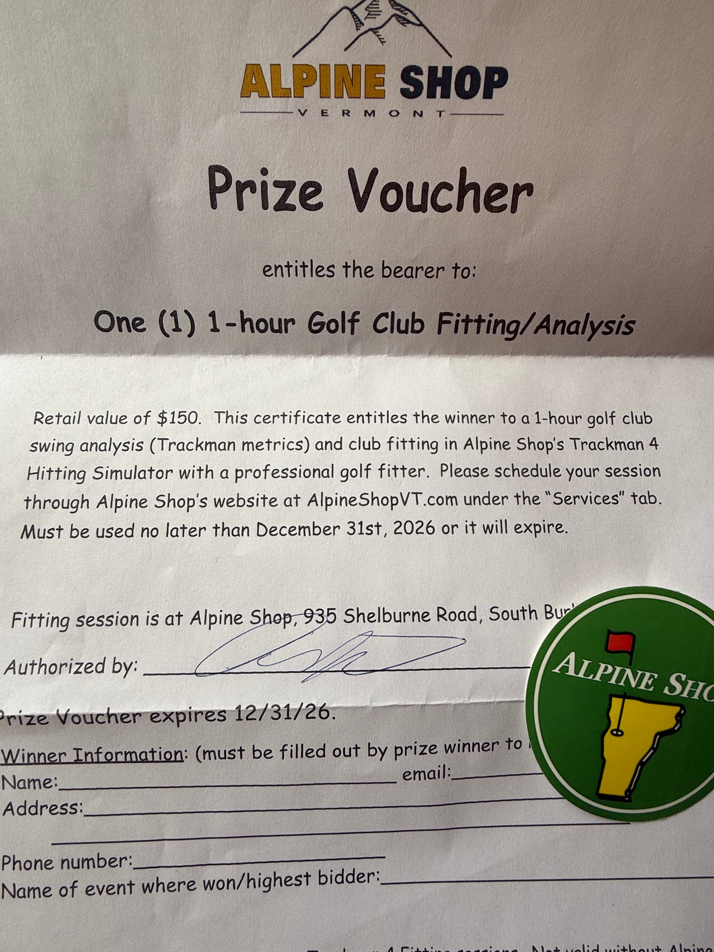 (Item #30) Alpine Shop - (2) Golf Swing/Fitting Sessions (2of2)
