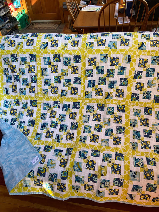 (#30) Handmade Quilt 48"x 60" - Blue & Yellow Squares